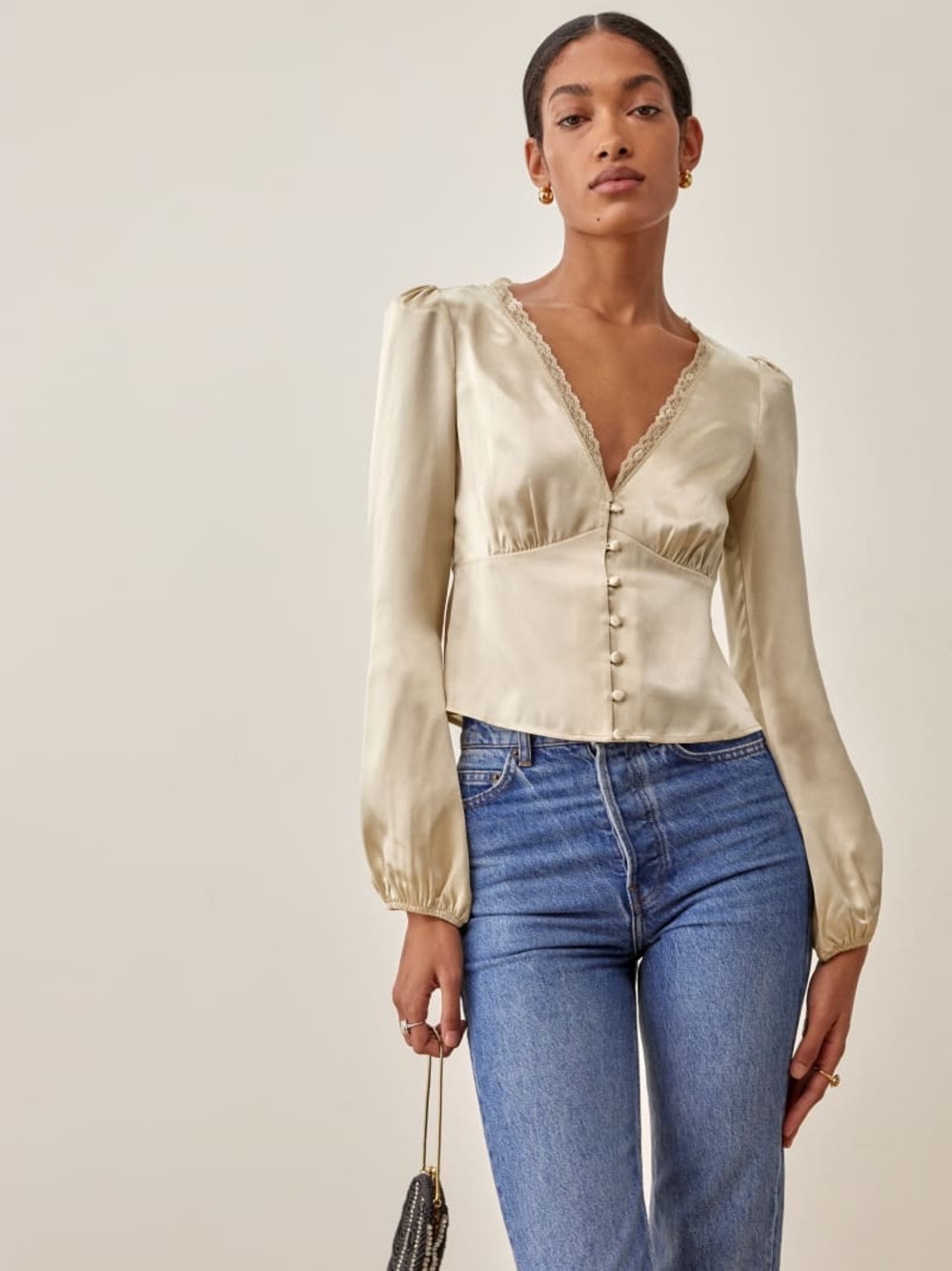 Twik Cream Lace Trim Long Sleeve Satin Crop Top Lightweight Blouse Cottagecore